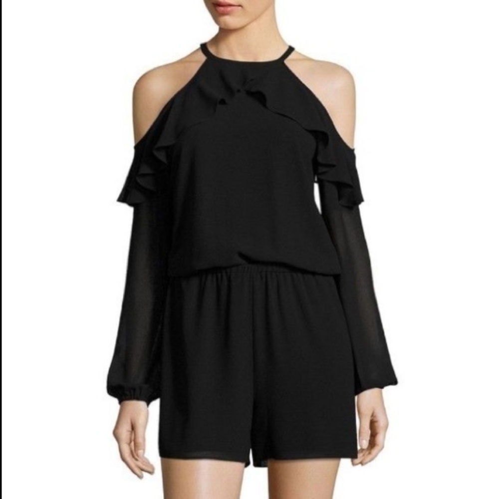 Michael Kors black cold shoulder ruffle romper KK1